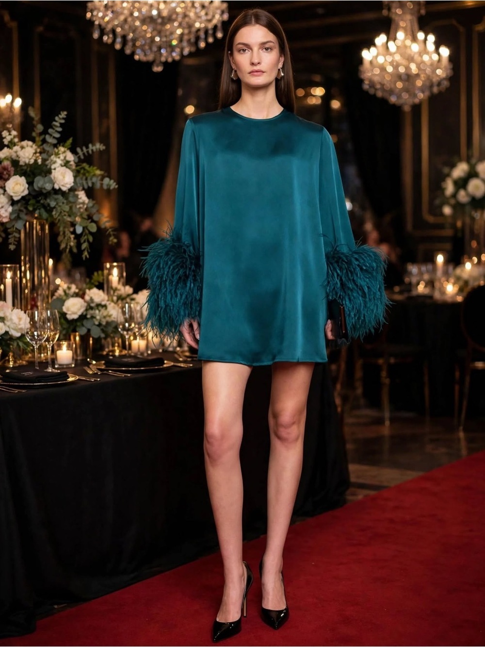 LAPOINTE Teal Lightweight Satin Shift Dress With Feathers Sz XS